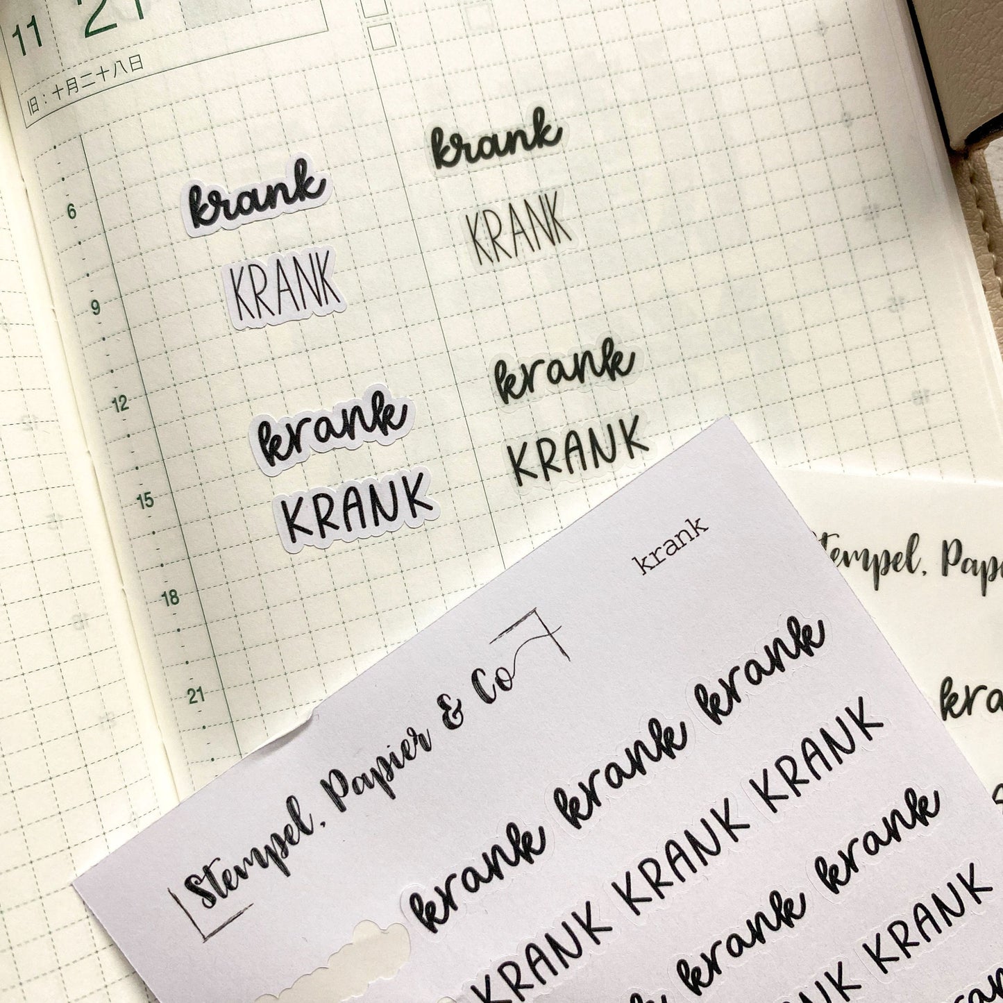 Stickerbogen mit Schriftzügen krank zum Markieren von Krankheit, einzeln ablösbare transparente Sticker für Bullet Journal, Planer, Kalender