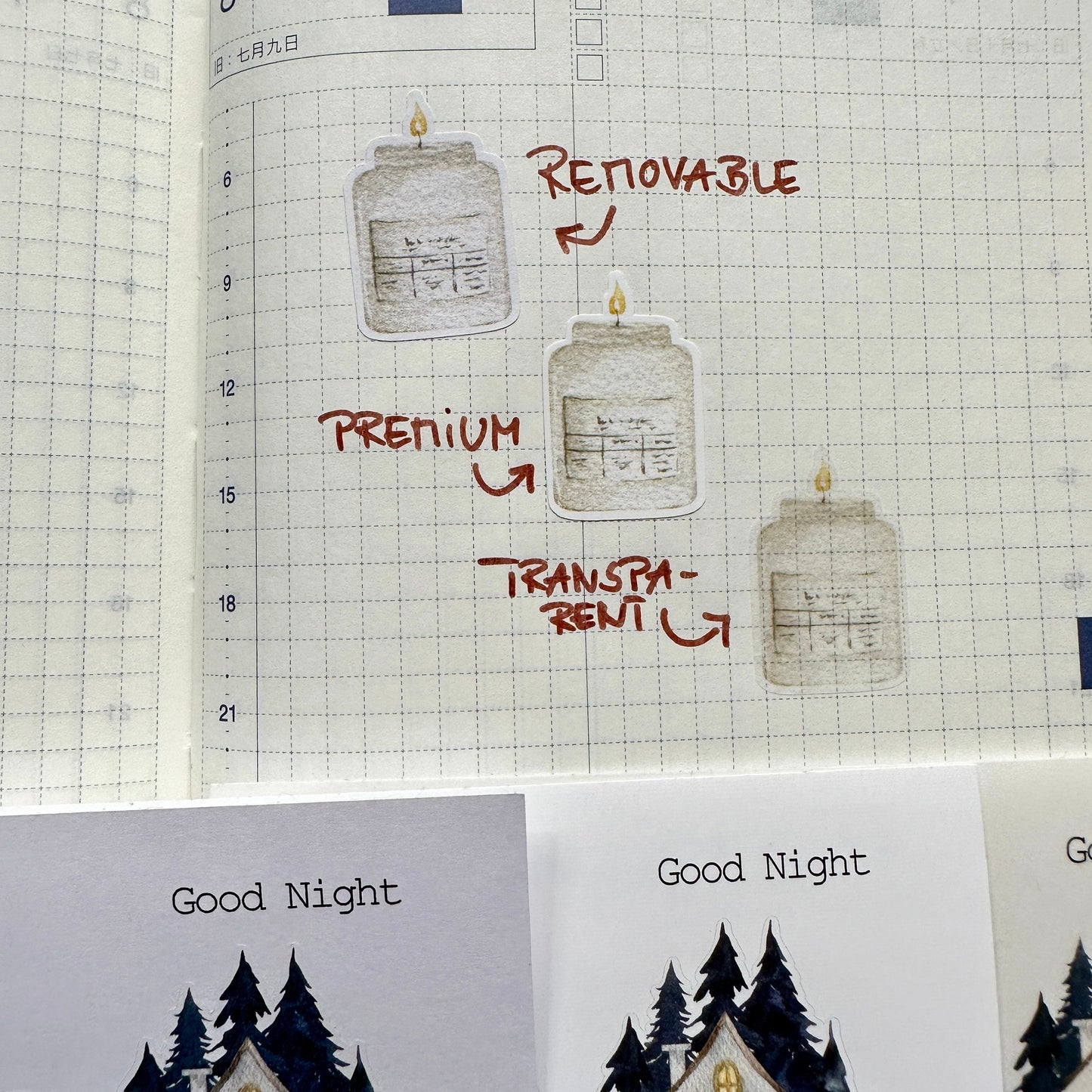 Stickerbogen mit einzeln ablösbare Stickern "Gute Nacht" mit Schlafanzug, Wecker u.a. für Bullet Journal, Planer und Kalender | Aquarell