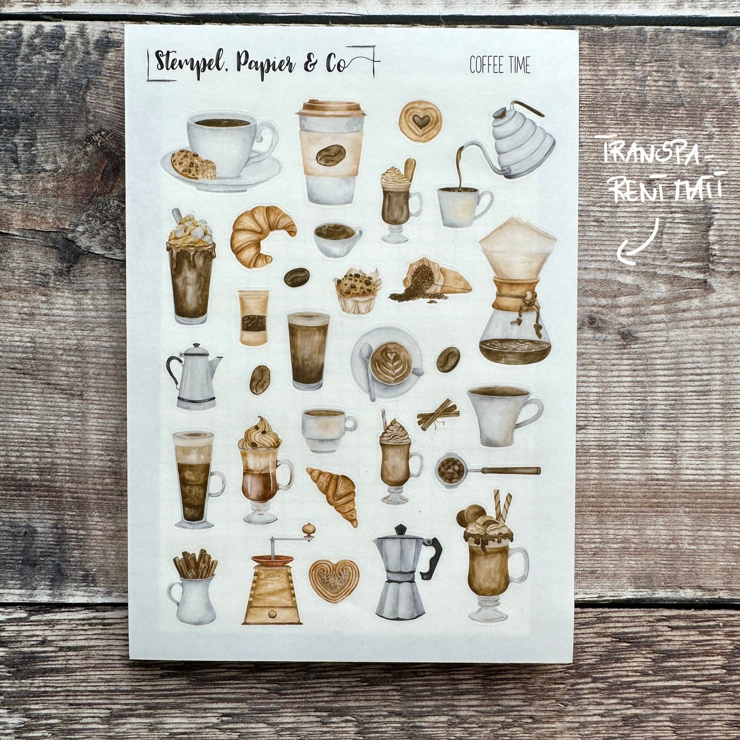 Stickerbogen mit einzeln ablösbare Stickern "Kaffeezeit" mit verschiedenen Kaffeemotiven für Bullet Journal, Planer und Kalender | Aquarell