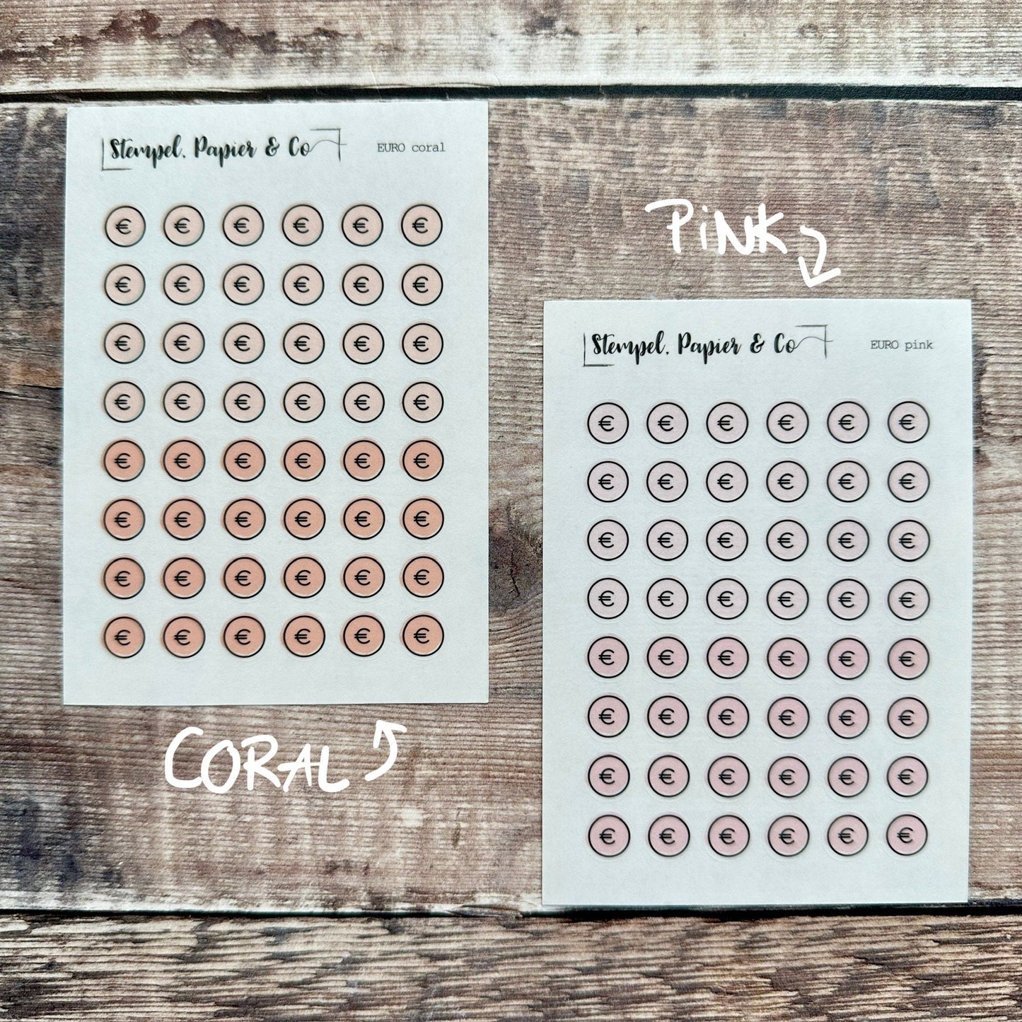 Stickerbogen Euro Zeichen, Euro Währung, einzeln ablösbare kreisrunde Sticker in transparent matt für Bullet Journal, Planer und Kalender