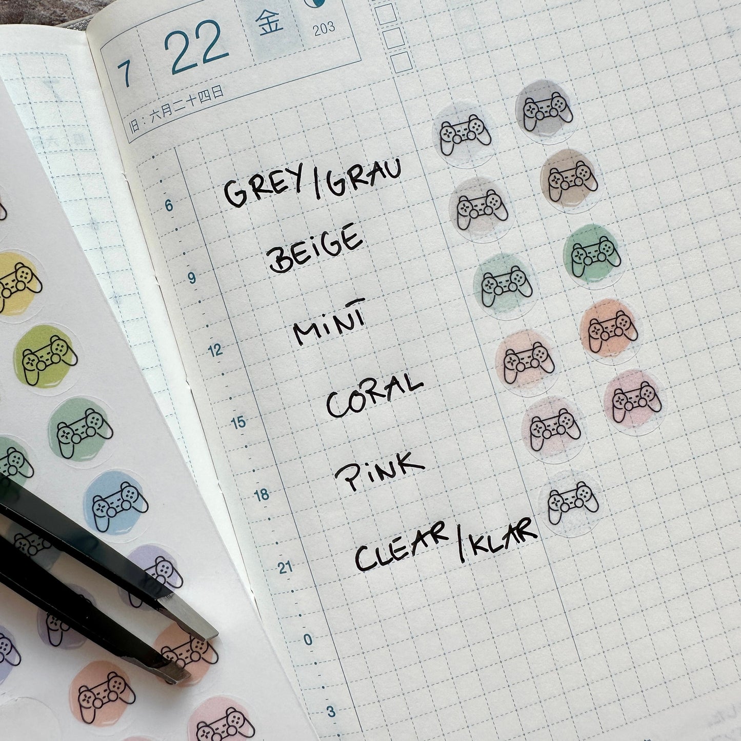 Stickerbogen Gaming, Spiele Controller - kreisrunde Sticker in transparent matt für Bullet Journal, Planer und Kalender