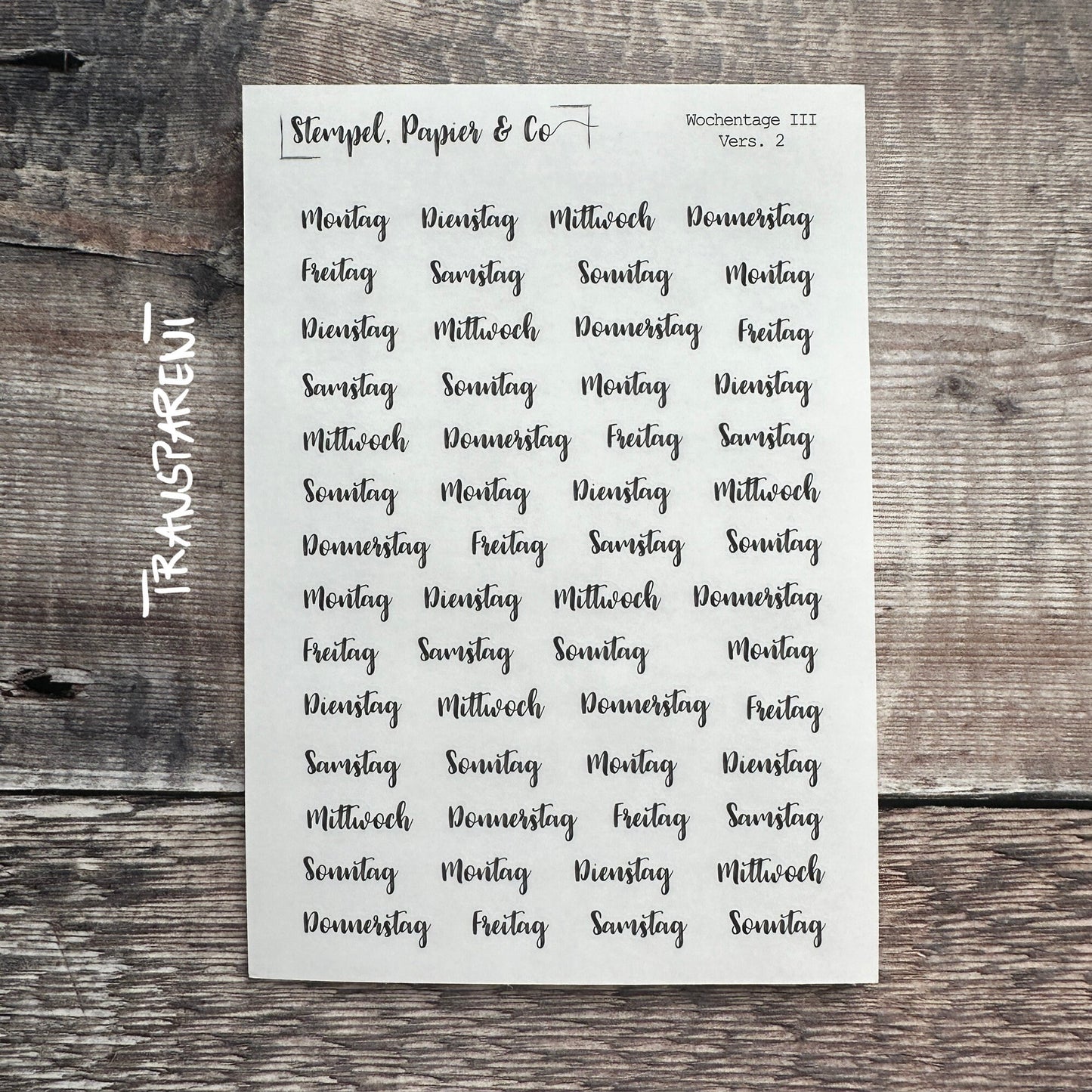 Stickerbogen Wochentage, Montag bis Sonntag, Wochenende, deutsch, Schrift 3, einzeln ablösbare Sticker für Bullet Journal, Planer, Kalender