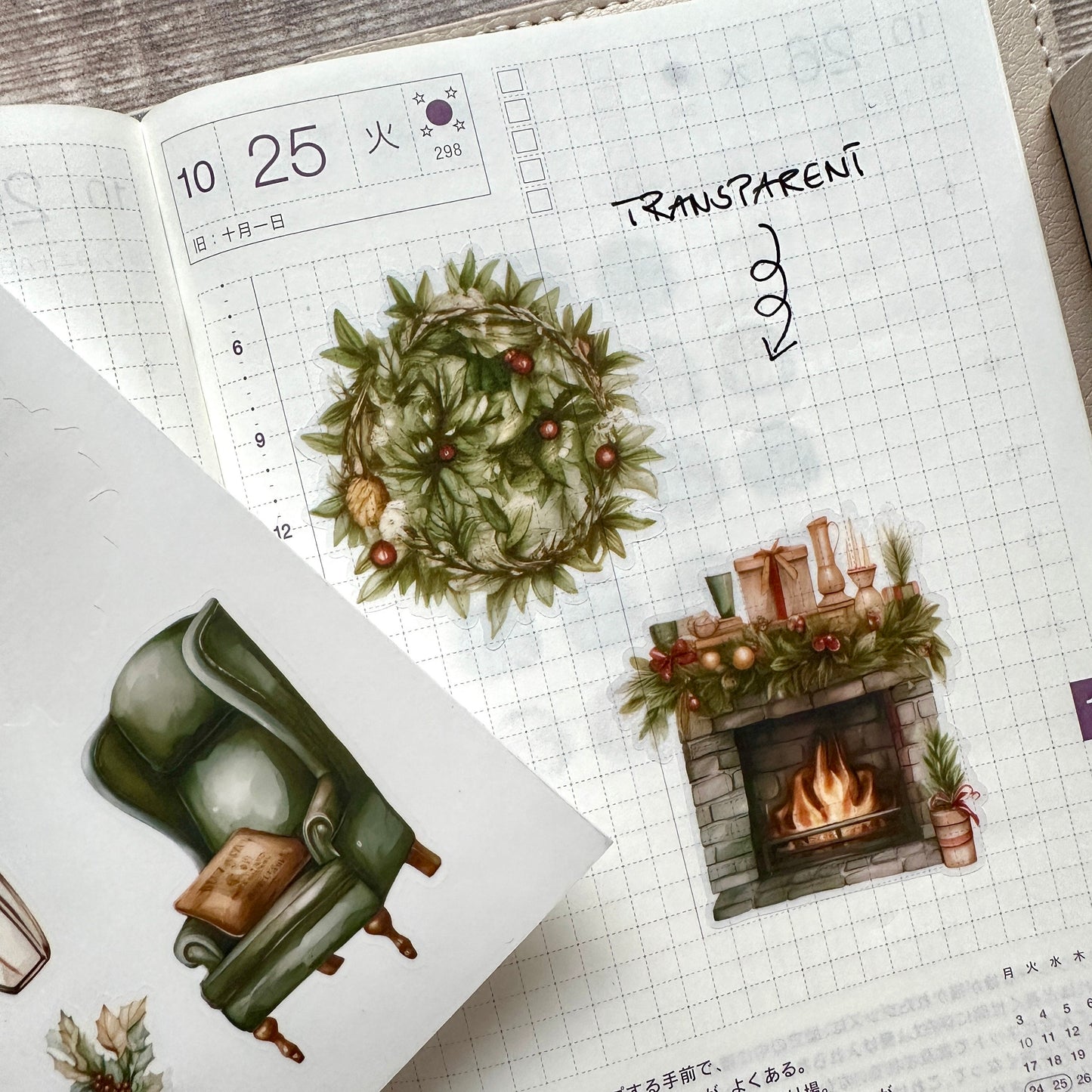 Stickerbogen mit weihnachtlichen Motiven im Vintage Stil, einzeln ablösbare Sticker transparent matt, für Bullet Journal, Planer, Kalender