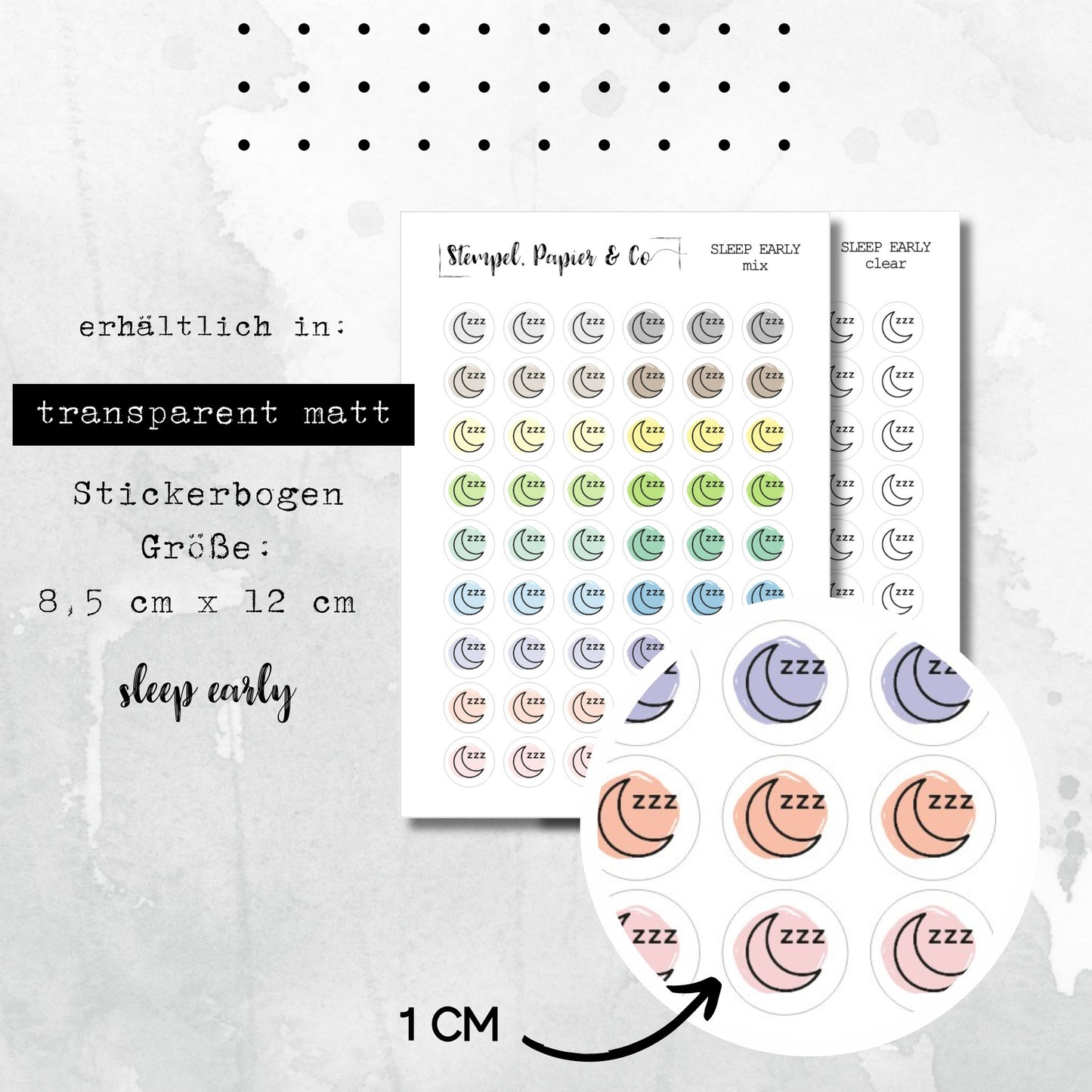 Stickerbogen früher Schlaf mit Mond - kreisrunde Symbol Sticker in transparent matt für Bullet Journal, Planer und Kalender
