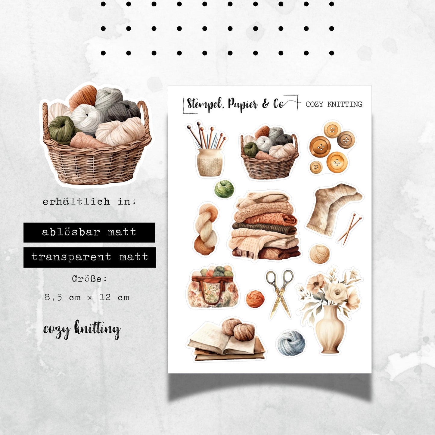 kleiner Stickerbogen mit Motiven zum Stricken wie Wolle, Stricknadel