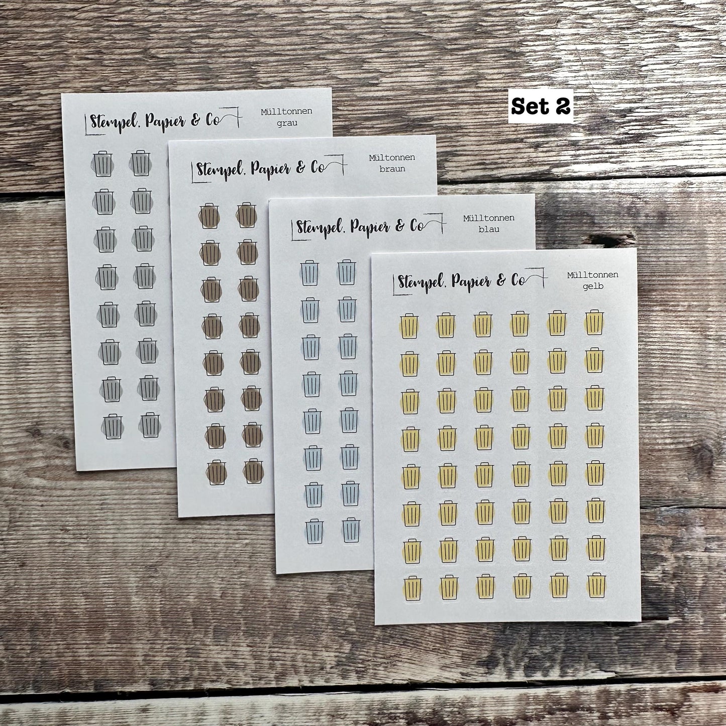 Stickerbogen Müll, Mülltonnen, jeweils einzeln ablösbare Sticker für Bullet Journal, Planer und Kalender