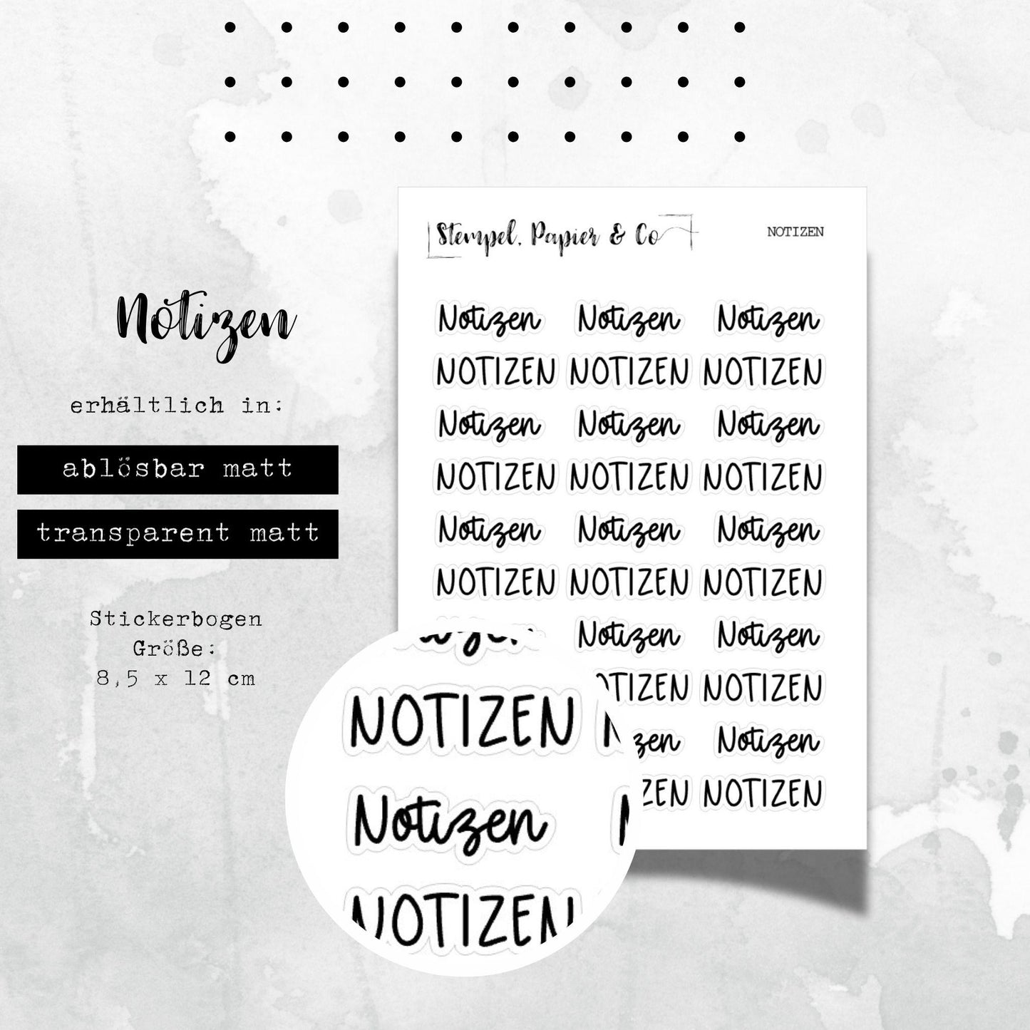 Stickerbogen Notizen, einzeln ablösbare Sticker mit Schriftzug Notizen für Bullet Journal, Planer und Kalender, 8,5x12 cm