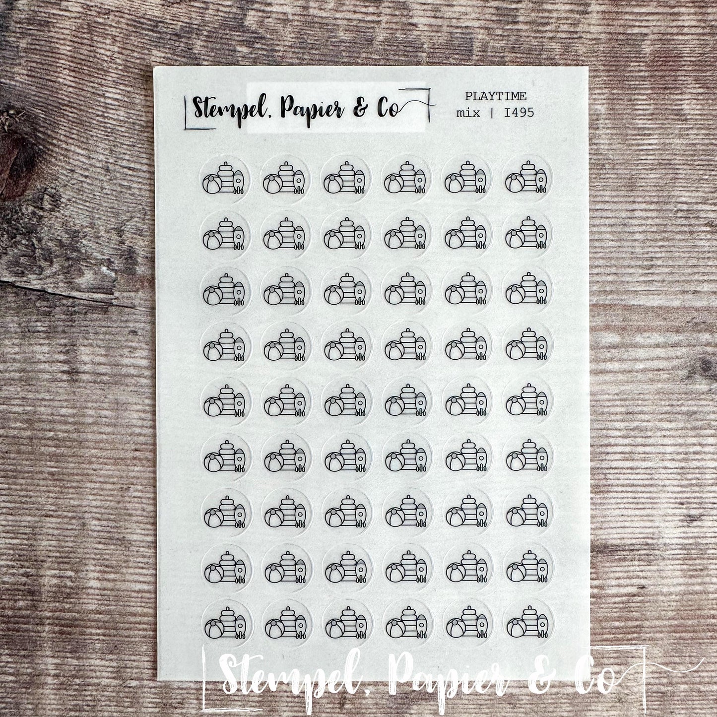 Stickerbogen Spielzeit mit Spielzeugmotiven für Babys und Kleinkinder, kreisrunde Symbol Sticker in transparent matt für Planer und Kalender