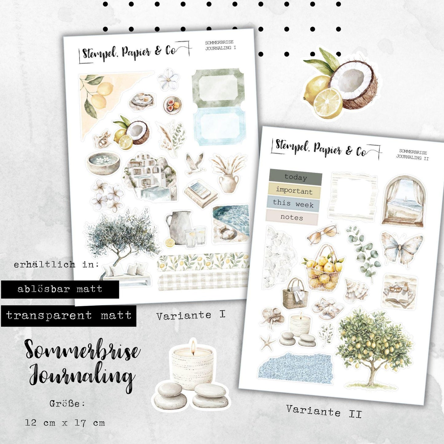 Stickerbogen Journaling Sommerbrise für Planer, Kalender und Bullet Journal, in zwei Varianten sowie als Set