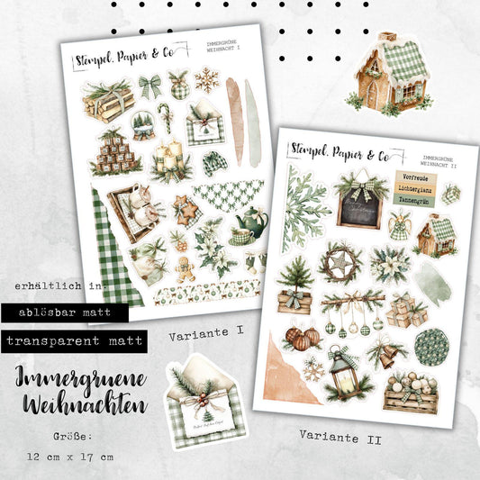 Stickerbogen Journaling Immergrüne Weihnachten für Planer, Kalender und Bullet Journal, in zwei Papiervarianten sowie als Set erhältlich