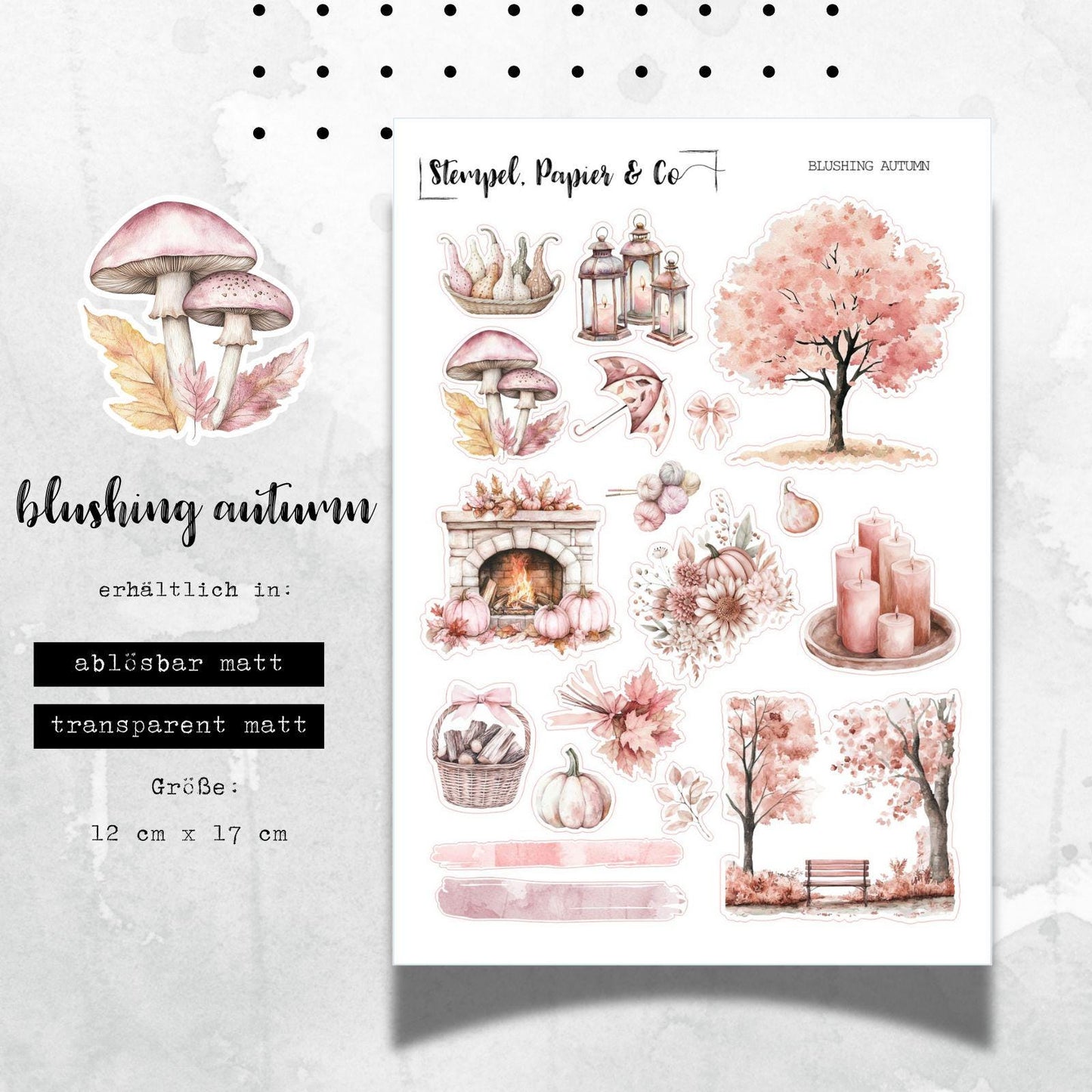 Stickerbogen mit Herbstmotiven in Rosétönen, einzeln ablösbare Sticker in zwei Papiervarianten, für für Bullet Journal, Planer und Kalender