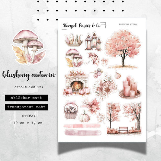 Stickerbogen mit Herbstmotiven in Rosétönen, einzeln ablösbare Sticker in zwei Papiervarianten, für für Bullet Journal, Planer und Kalender