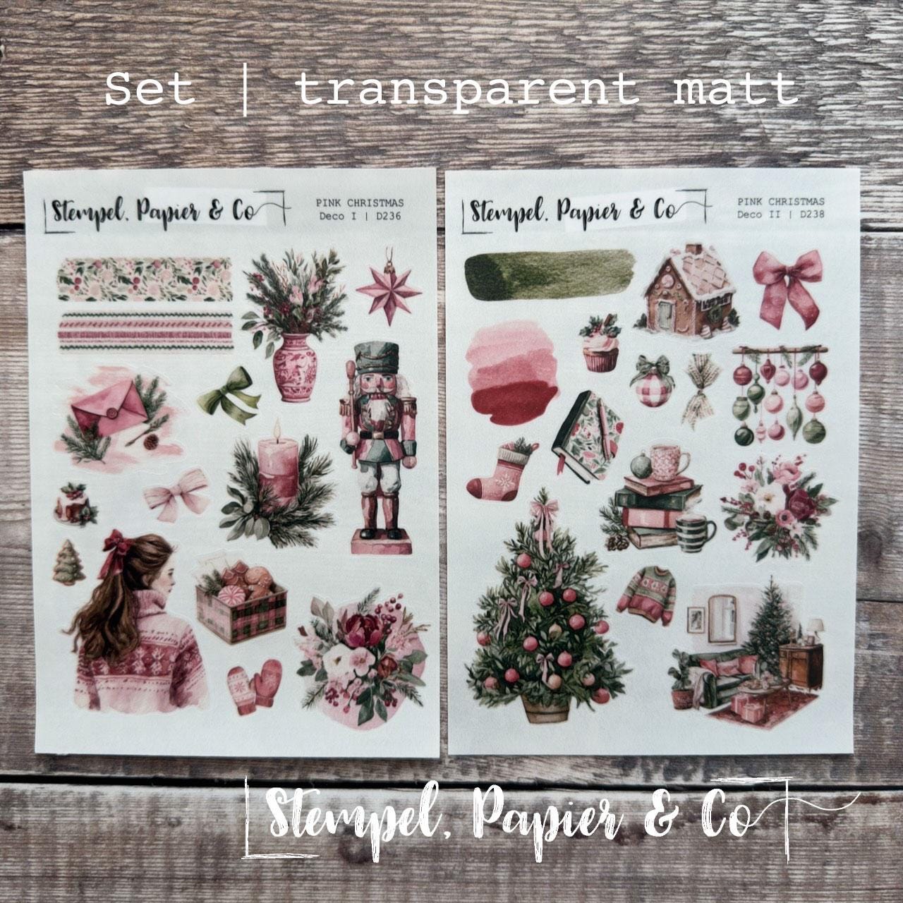 Stickerbogen Journaling Weihnachtsmotive in Pink und Grün, in zwei Varianten und als Set für Planer, Kalender und Bullet Journal