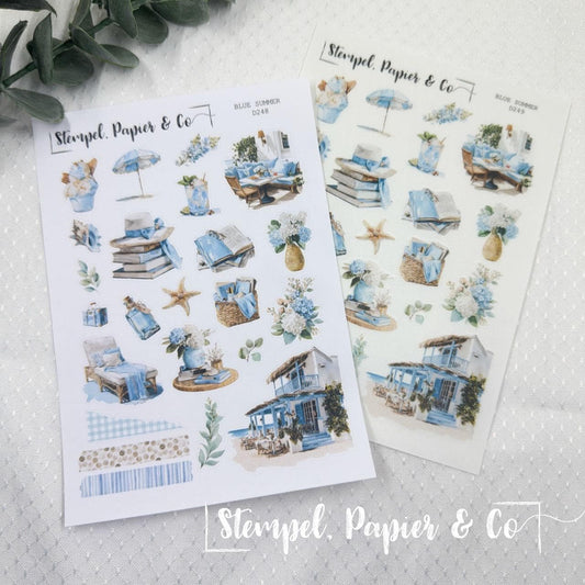 Stickerbogen Blauer Sommer, einzeln ablösbare Sticker in der Papiervariante weiß oder transparent matt für Bullet Journal, Planer, Kalender