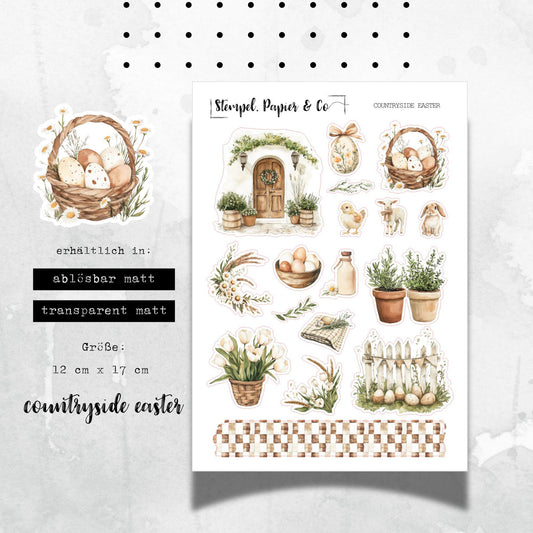 Stickerbogen mit ländlichen Ostermotiven in beige- und Grüntönen, einzeln ablösbare Sticker für Bullet Journal, Planer und Kalender