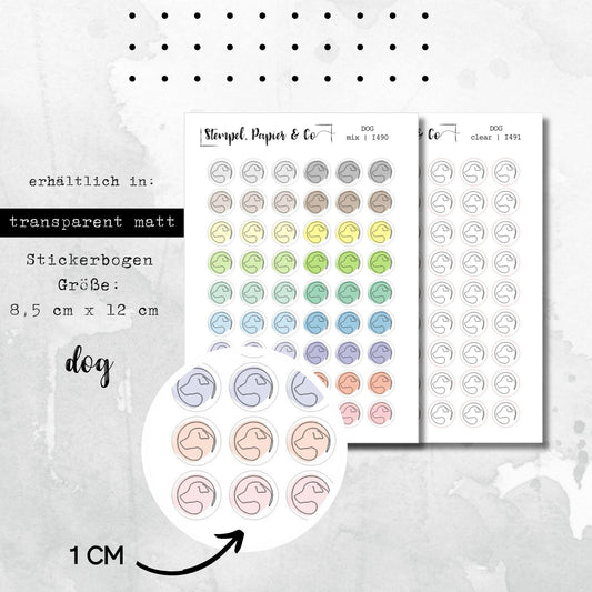 Stickerbogen Hund - kreisrunde Sticker in mix und clear transparent matt für Bullet Journal, Planer und Kalender