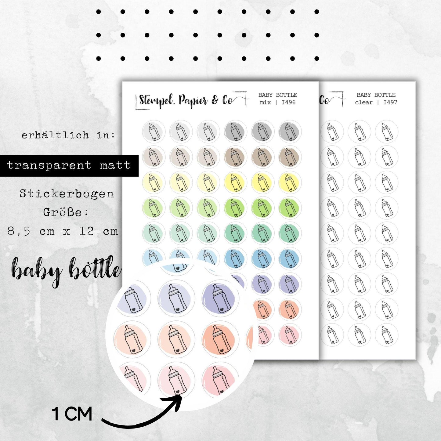 Stickerbogen Babyflasche, kreisrunde Symbol Sticker in transparent matt für Bullet Journal, Planer und Kalender