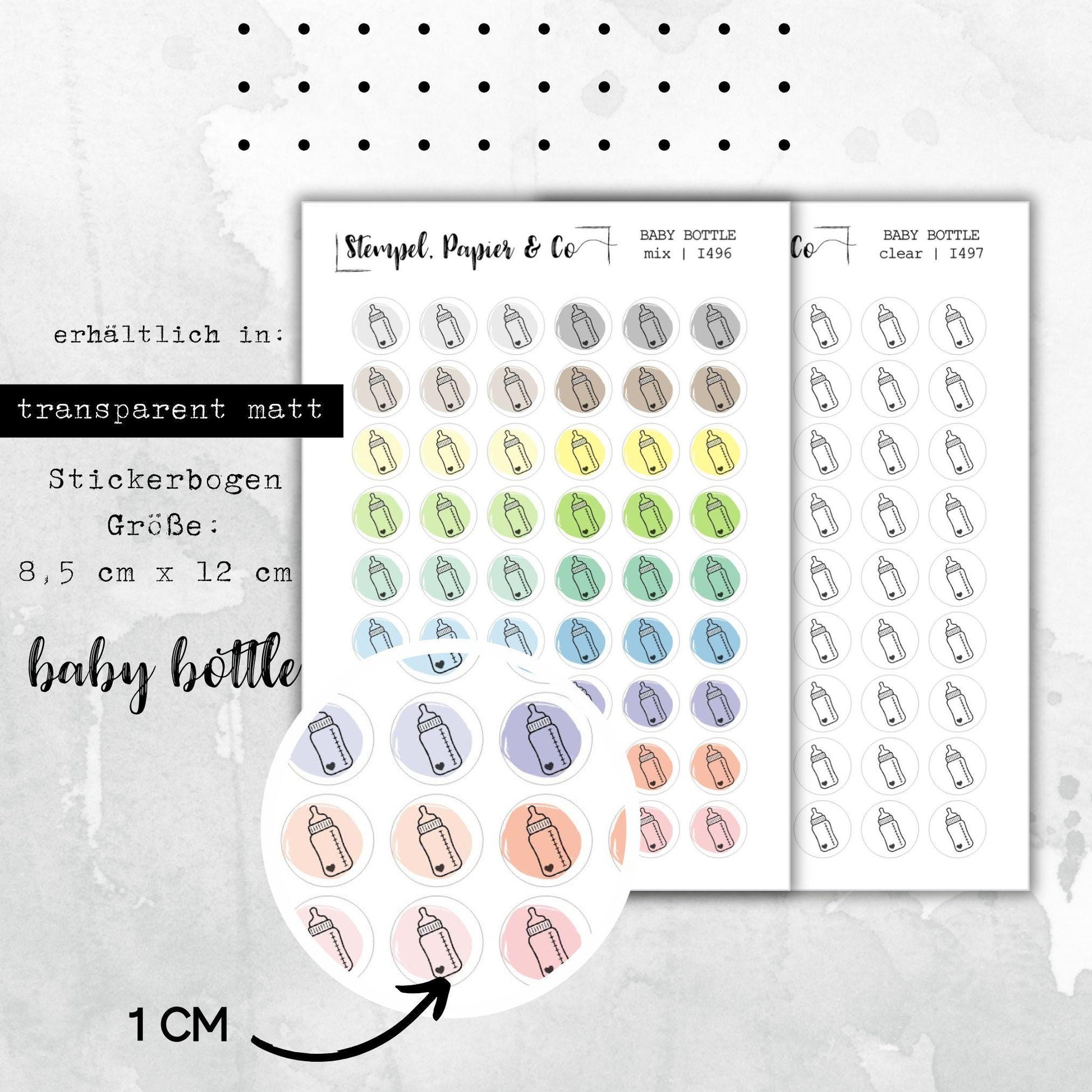 Stickerbogen Babyflasche, kreisrunde Symbol Sticker in transparent matt für Bullet Journal, Planer und Kalender