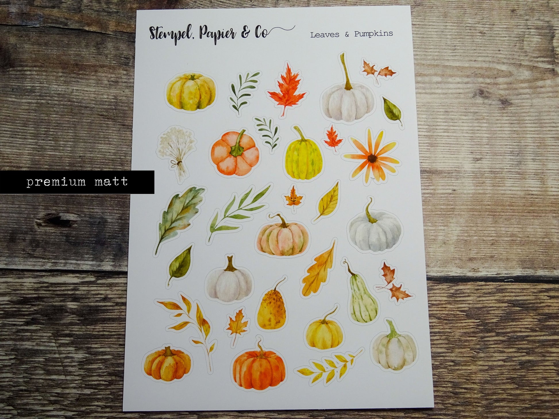 Stickerbogen Herbst mit Kürbissen und Blättern, einzeln ablösbare Sticker für Bullet Journal, Planer und Kalender im Aquarellstil