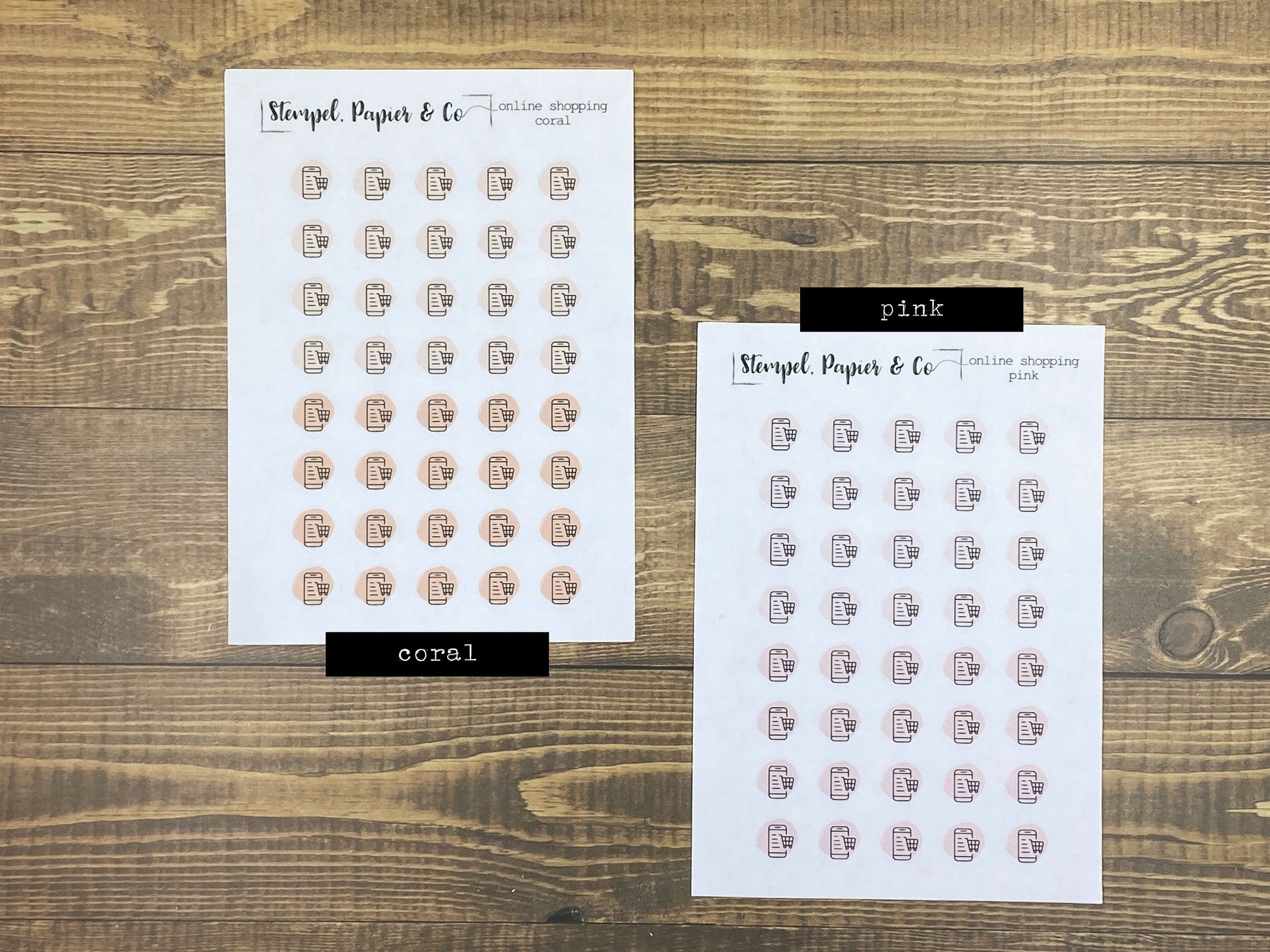 Stickerbogen Online Einkauf, Online Shopping, einzeln ablösbare kreisrunde Sticker transparent matt für Bullet Journal, Planer und Kalender