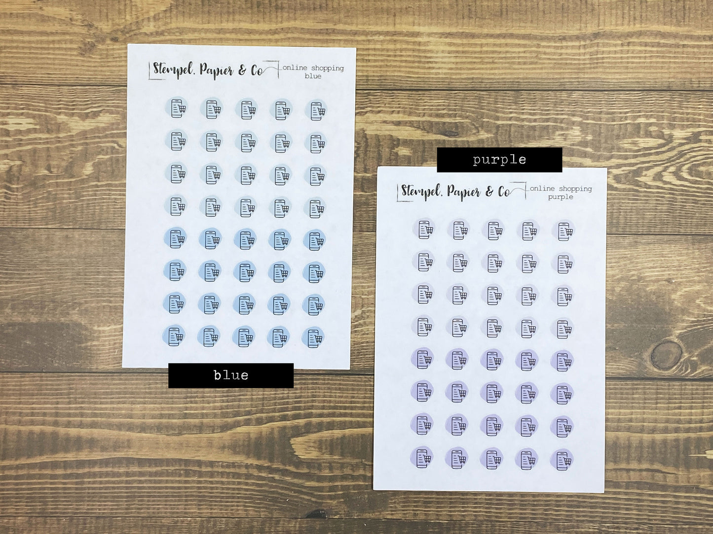 Stickerbogen Online Einkauf, Online Shopping, einzeln ablösbare kreisrunde Sticker transparent matt für Bullet Journal, Planer und Kalender