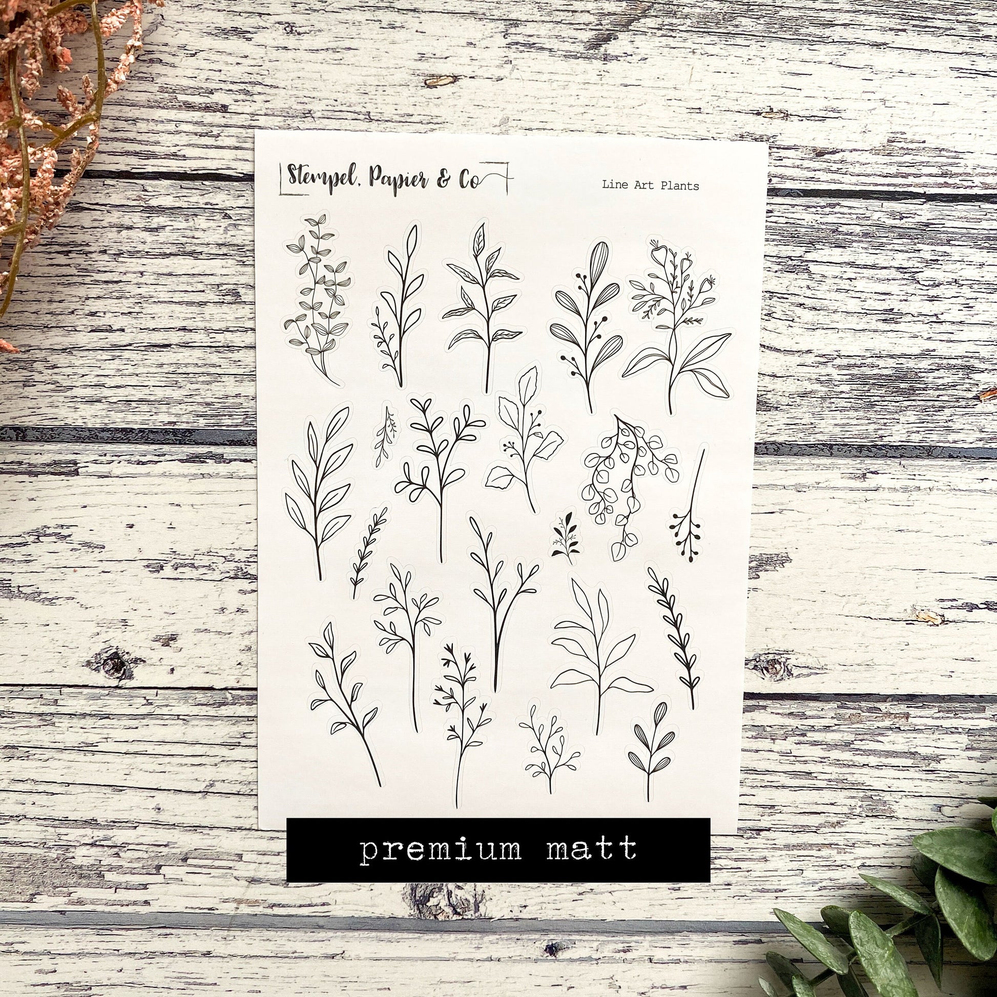 Stickerbogen Line Art mit verschiedenen Pflanzen und Zweigen | Sticker für Bullet Journal, Kalender und Planer