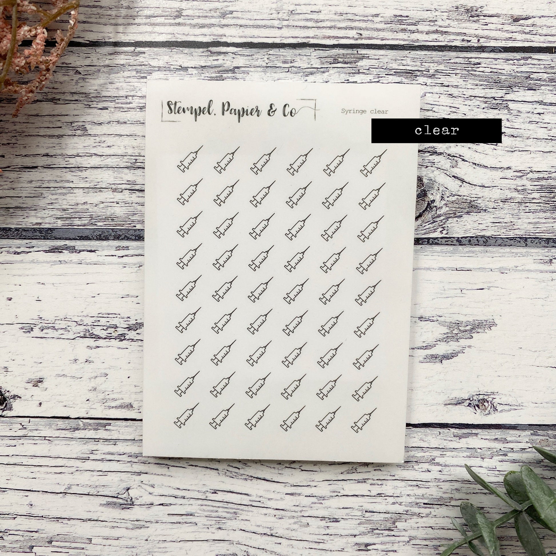 Stickerbogen Spritze, Injektionsspritze, Injektion in transparent matt, einzeln ablösbare Sticker für Bullet Journal, Planer und Kalender