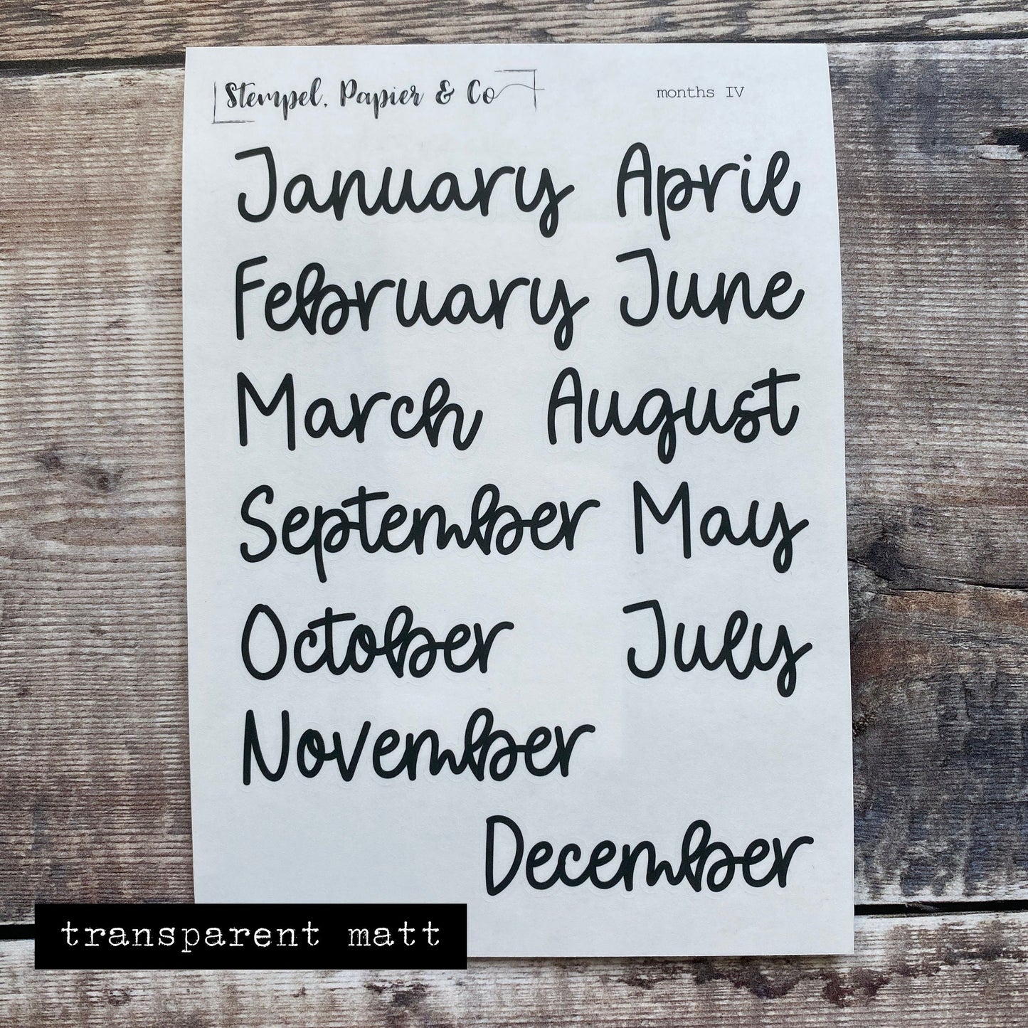 Stickerbogen Monate Januar bis Dezember in englisch, einzeln ablösbare Sticker in Schriftart IV für Bullet Journal, Planer und Kalender