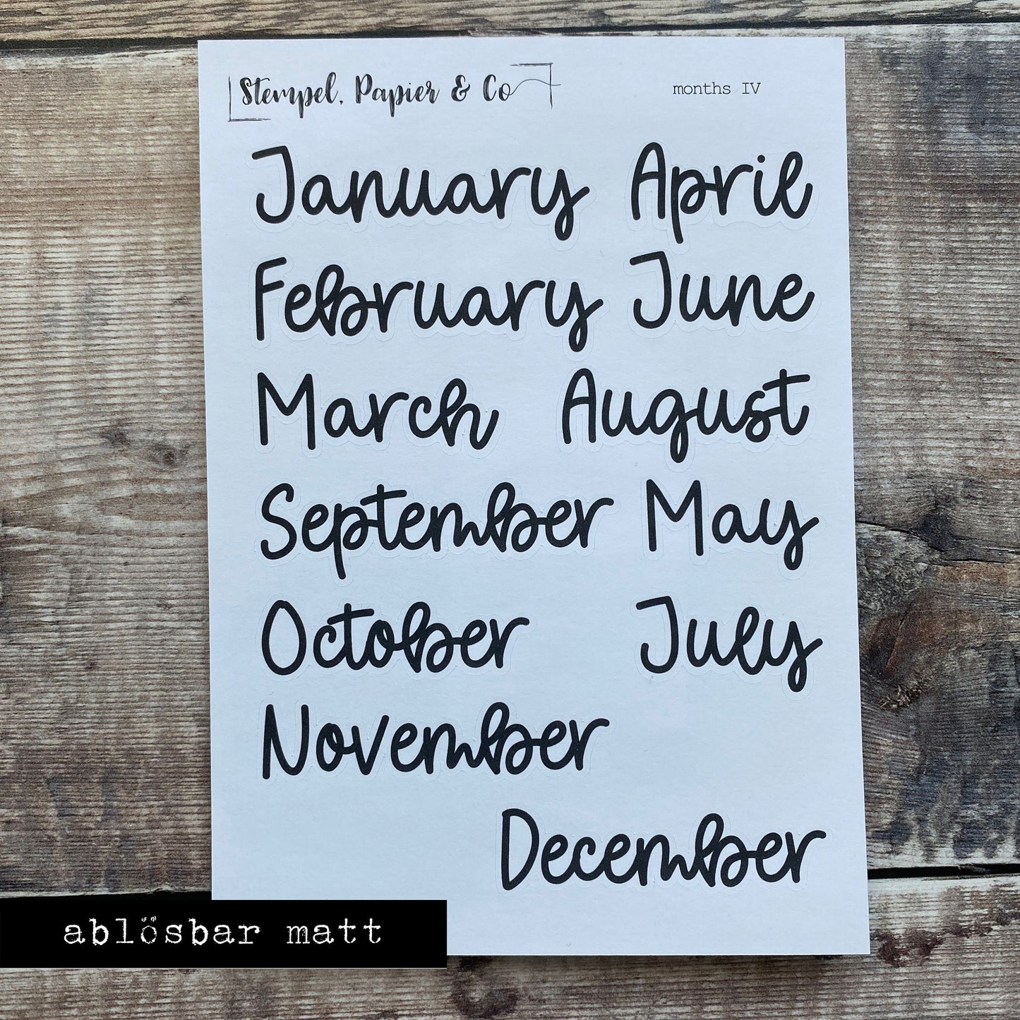 Stickerbogen Monate Januar bis Dezember in englisch, einzeln ablösbare Sticker in Schriftart IV für Bullet Journal, Planer und Kalender