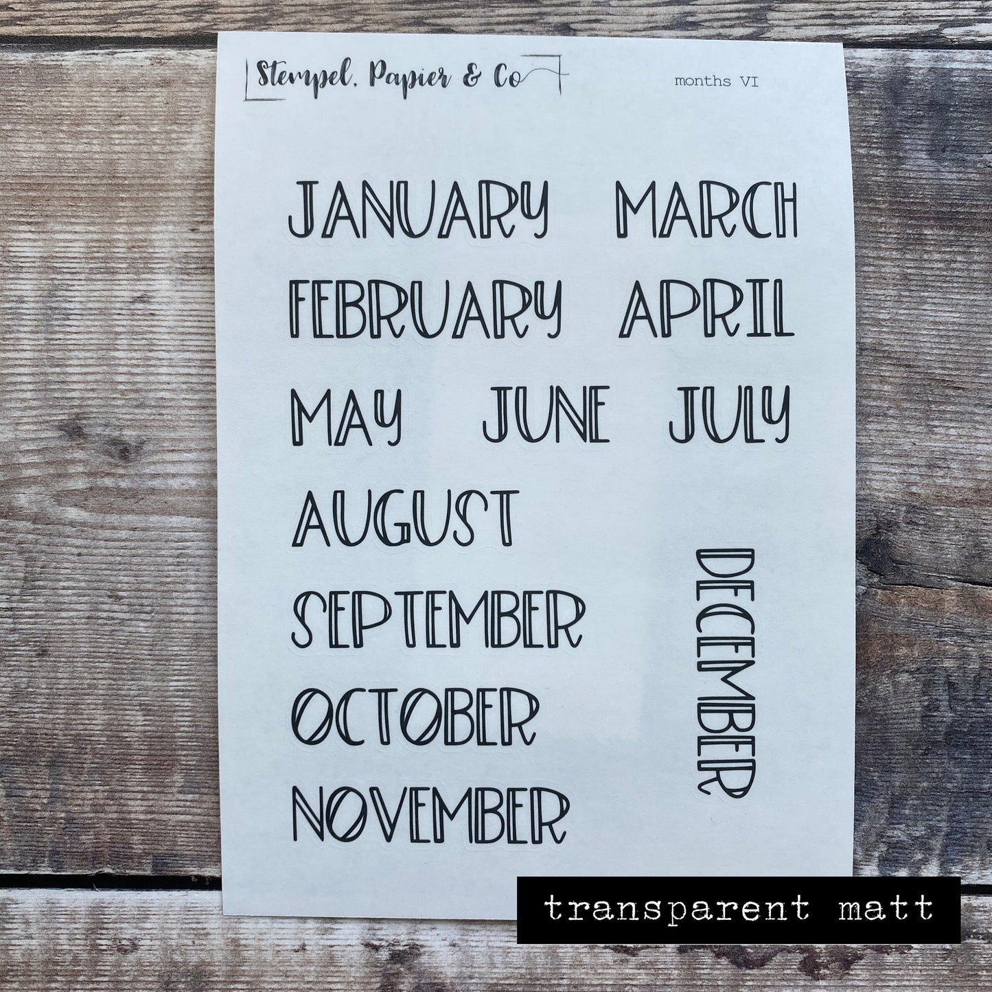 Stickerbogen Monate Januar bis Dezember in englisch, einzeln ablösbare Sticker in der Schriftart VI für Bullet Journal, Planer und Kalender