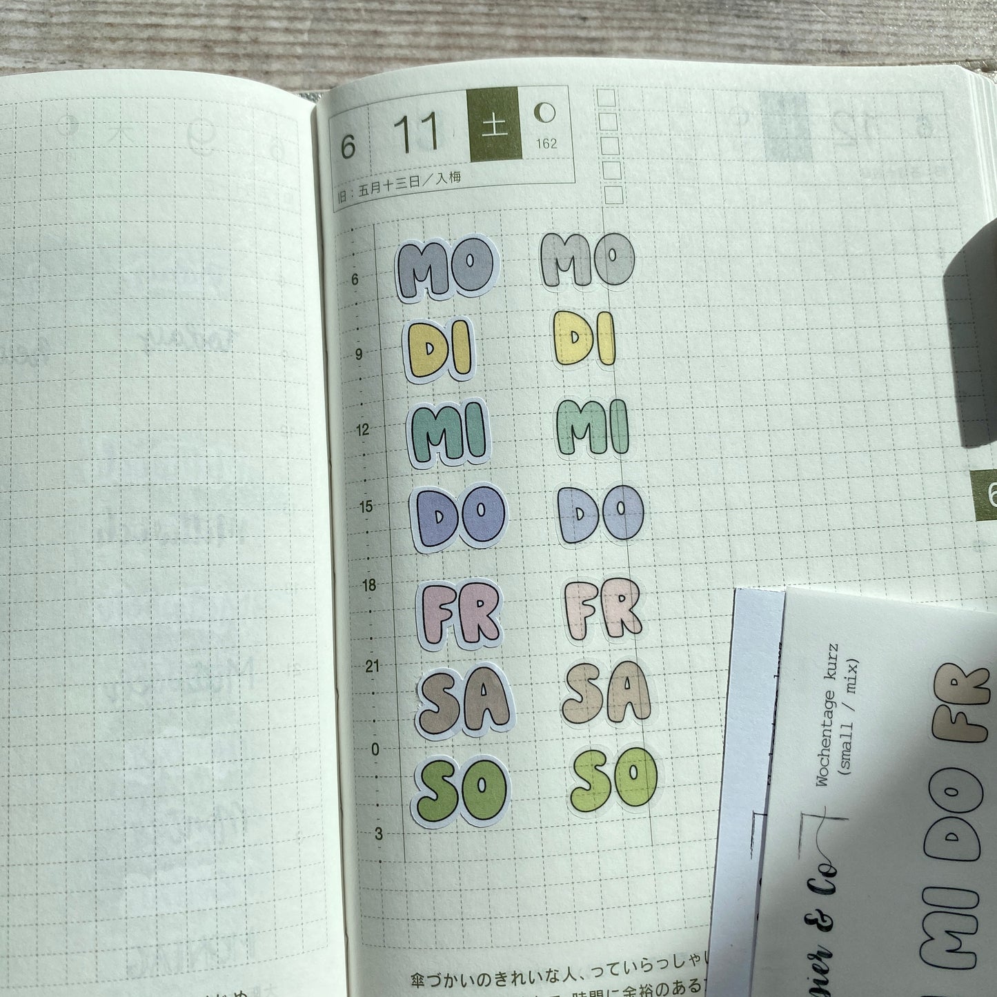 Stickerbogen Wochentage, Montag bis Sonntag in deutsch, Kürzel | einzeln ablösbare Sticker für Bullet Journal, Planer und Kalender