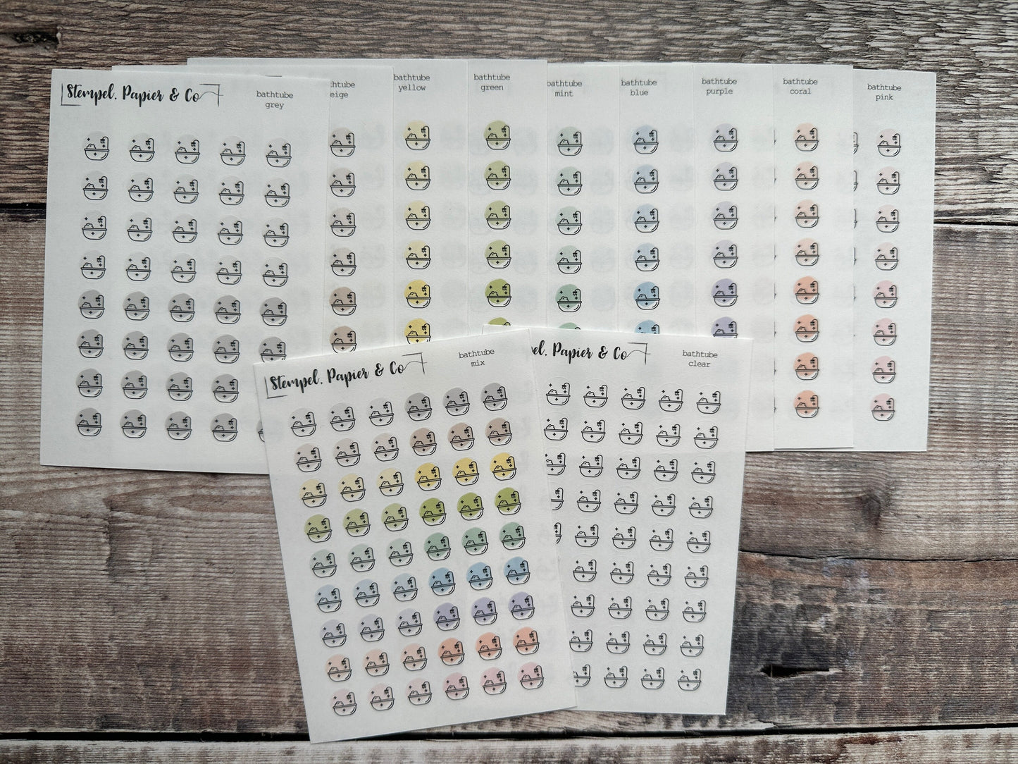 Stickerbogen Badewanne mit einzeln ablösbaren kreisrunden Stickern transparent matt für Bullet Journal, Planer und Kalender