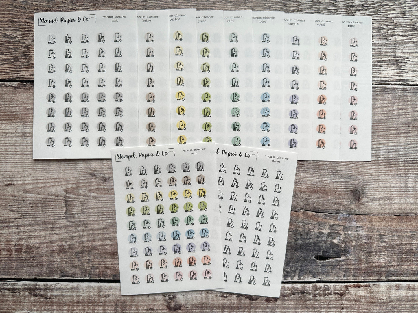 Stickerbogen Staubsauger mit einzeln ablösbaren kreisrunden Stickern in transparent matt für Bullet Journal, Planer und Kalender