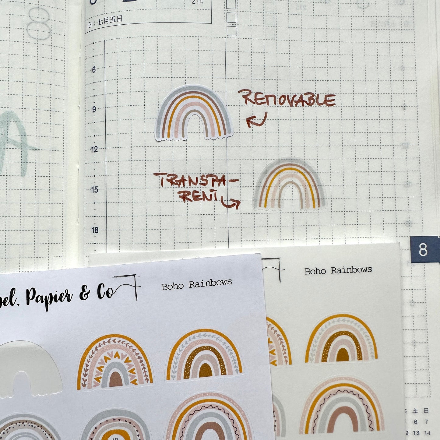 Stickerbogen mit einzeln ablösbaren Stickern mit Regenbögen und Schmetterlingen in Pastelltönen für Bullet Journal, Planer und Kalender