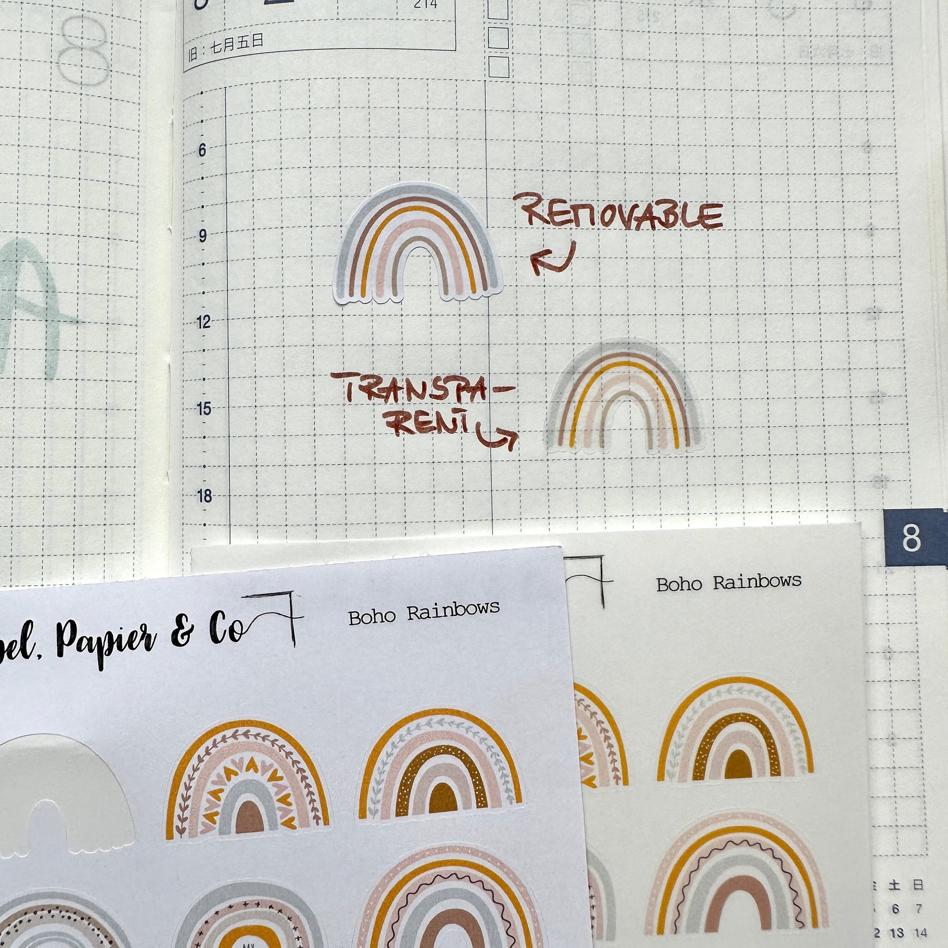 Stickerbogen mit einzeln ablösbaren Stickern mit Regenbögen und Schmetterlingen in Pastelltönen für Bullet Journal, Planer und Kalender