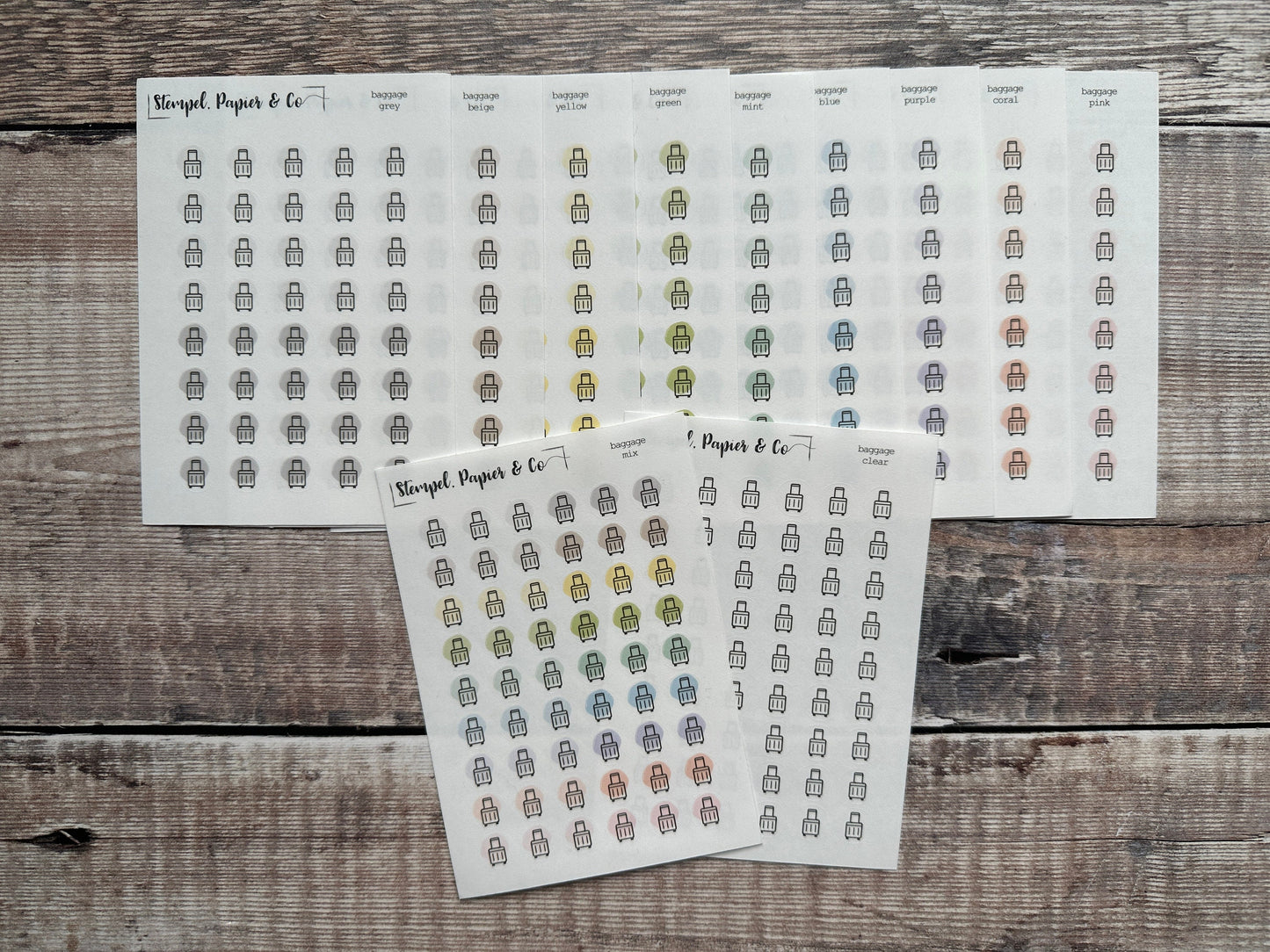 Stickerbogen Koffer, Reisekoffer mit einzeln ablösbaren kreisrunden Stickern in transparent matt für Bullet Journal, Planer und Kalender