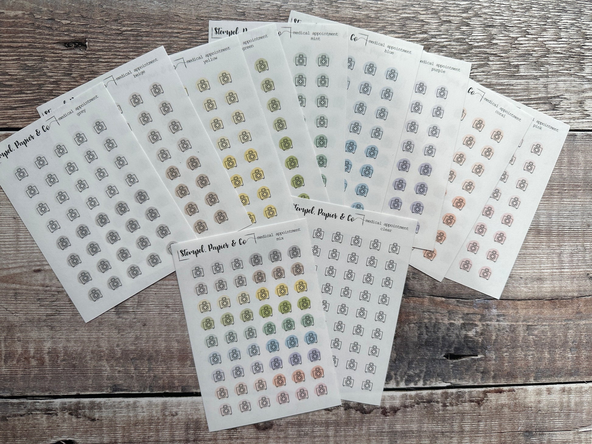 Stickerbogen Medizinkoffer mit einzeln ablösbaren kreisrunden Stickern transparent matt für Bullet Journal, Planer und Kalender