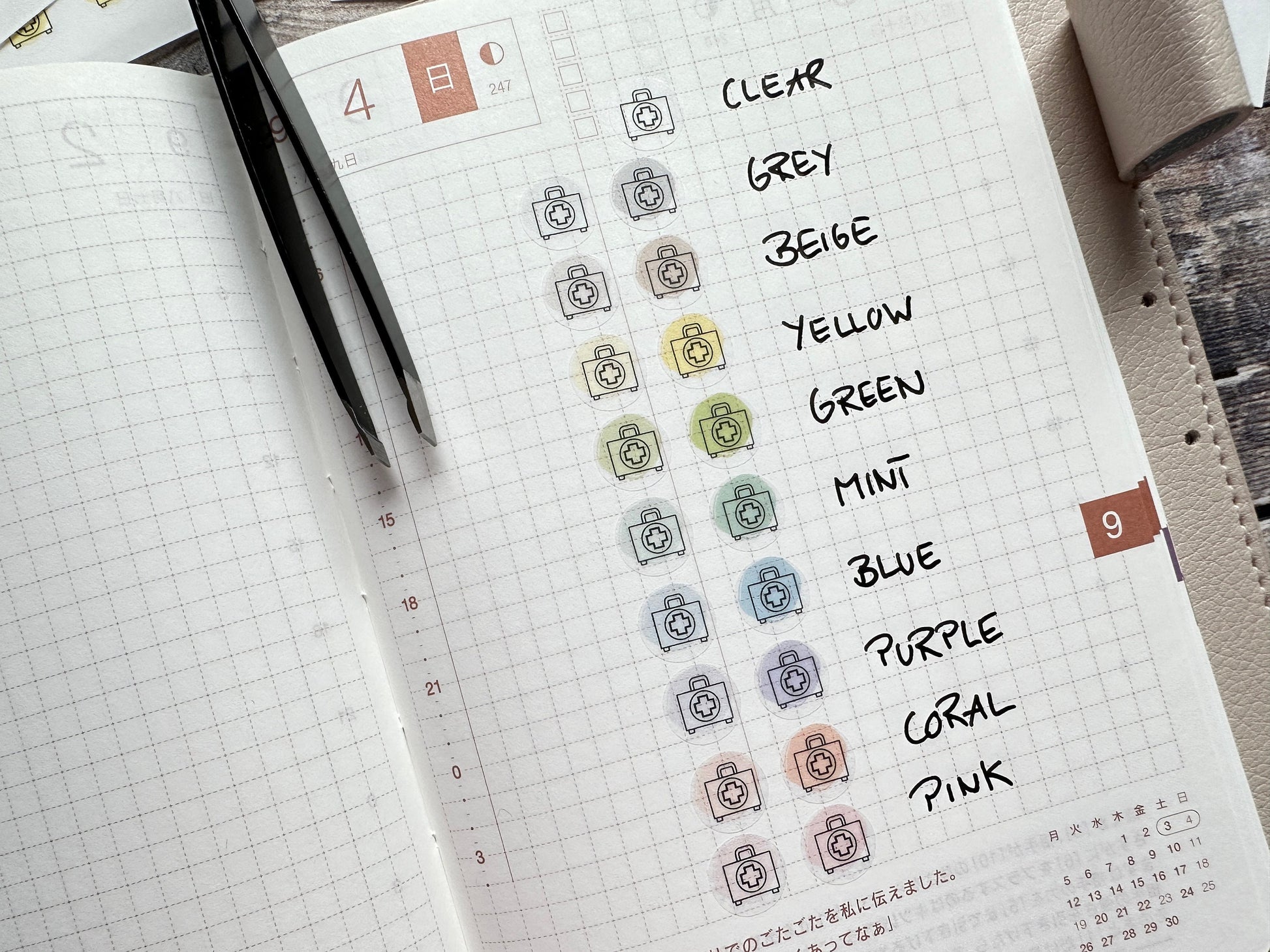 Stickerbogen Medizinkoffer mit einzeln ablösbaren kreisrunden Stickern transparent matt für Bullet Journal, Planer und Kalender