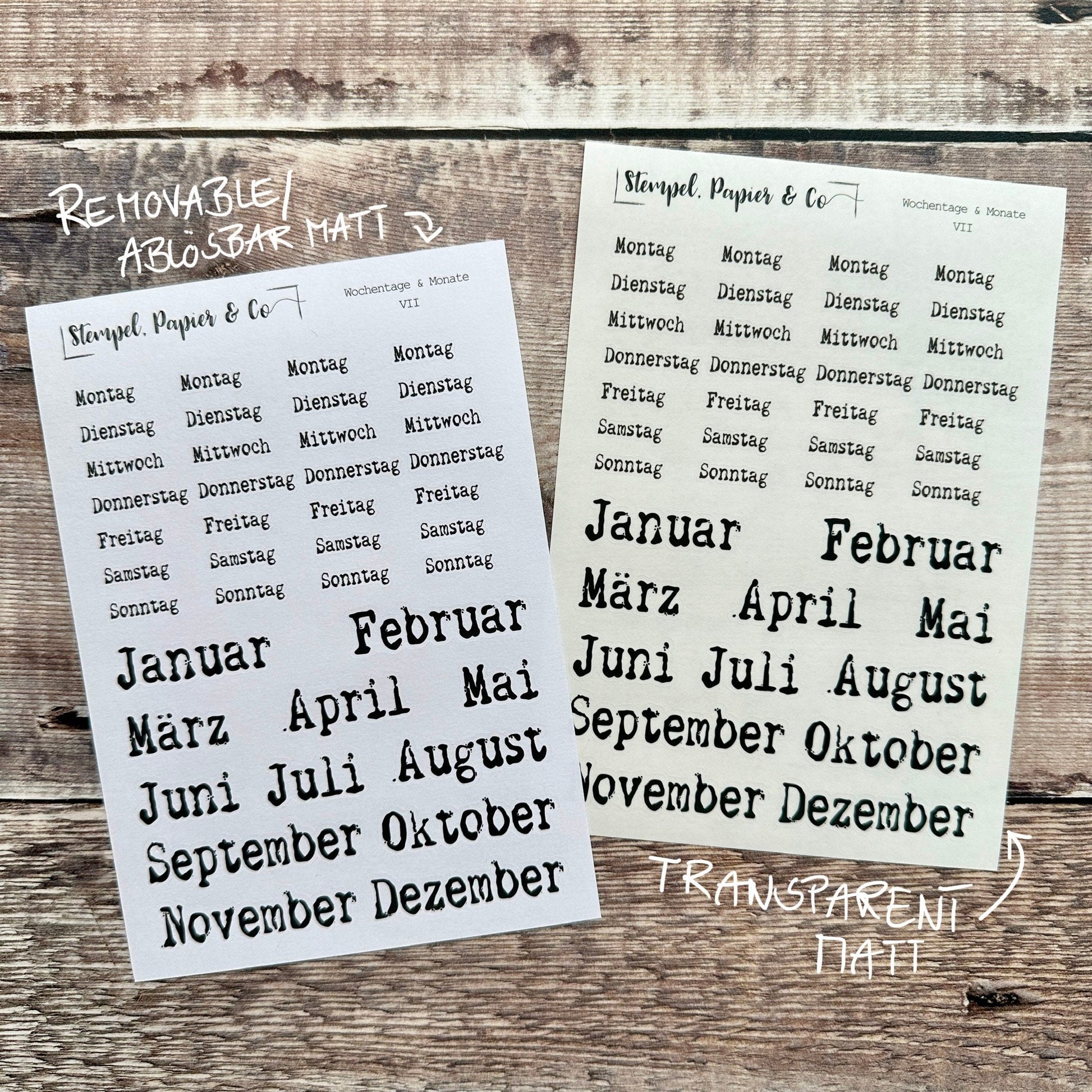 Stickerbogen Wochentage und Monate in Schreibmaschinenschrift, einzeln ablösbare Sticker für Bullet Journal, Planer und Kalender