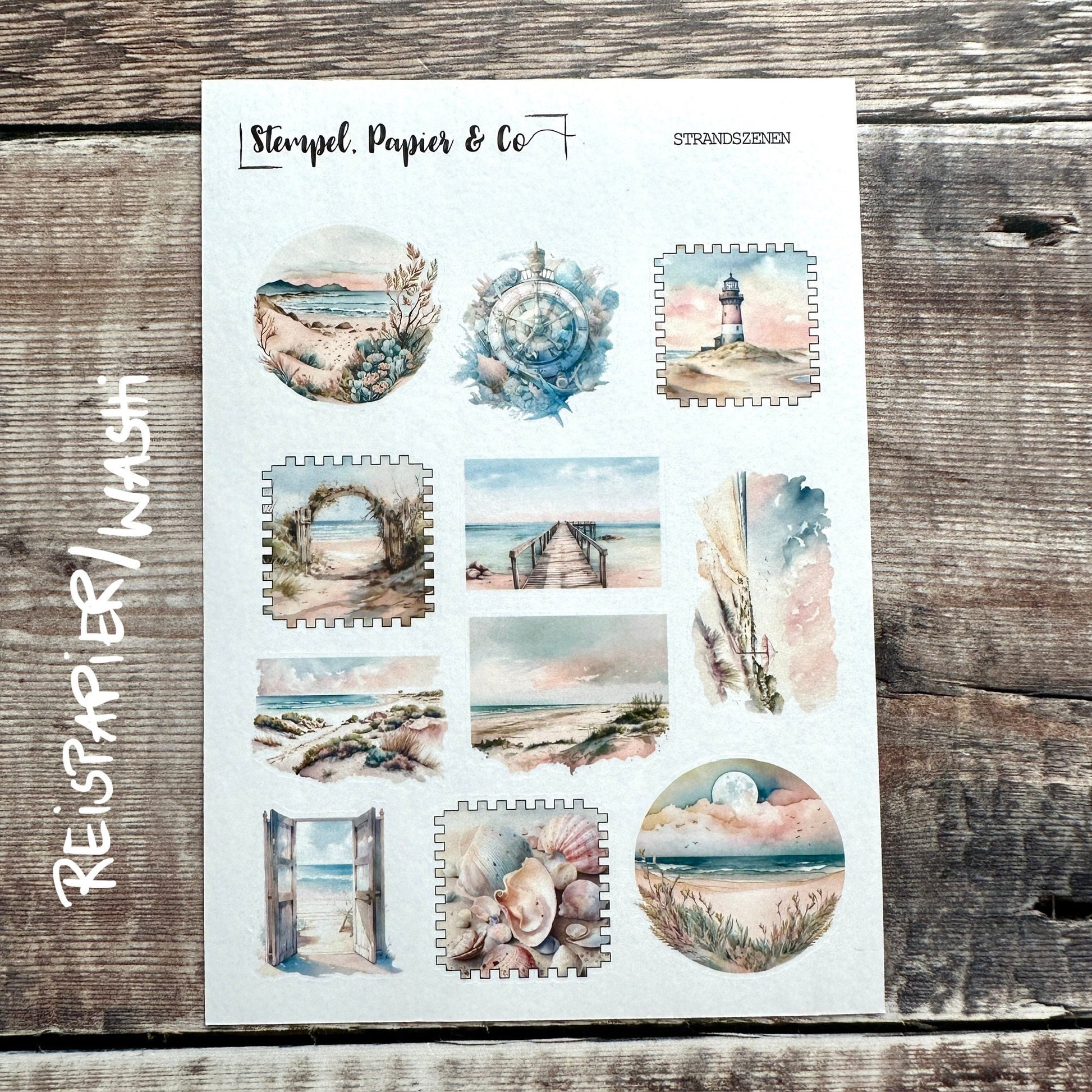 Stickerbogen Strand Szenen, jeweils einzeln ablösbare Sticker mit Motiven für Ferien, Strandurlaub für Bullet Journal, Planer und Kalender