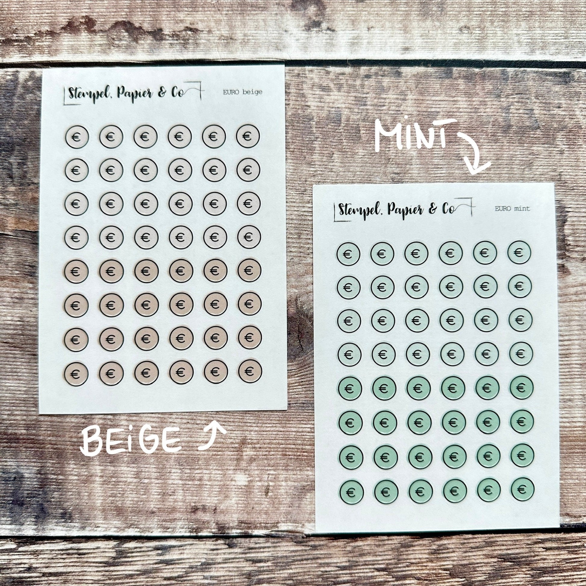 Stickerbogen Euro Zeichen, Euro Währung, einzeln ablösbare kreisrunde Sticker in transparent matt für Bullet Journal, Planer und Kalender