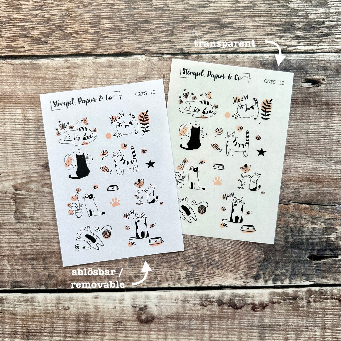 Stickerbogen verspielte Katzen in schwarz-weiß, einzeln ablösbare Sticker für Bullet Journal, Planer und Kalender