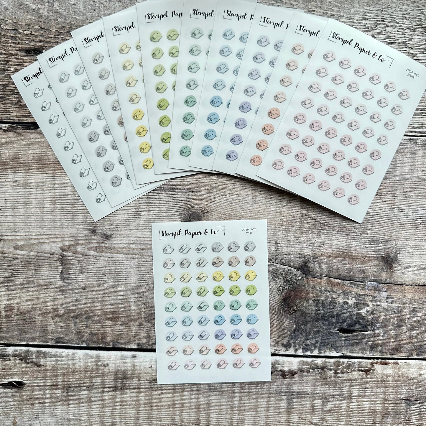 Stickerbogen Yoga, Yogamatte, einzeln ablösbare kreisrunde Sticker transparent matt für Bullet Journal, Planer und Kalender