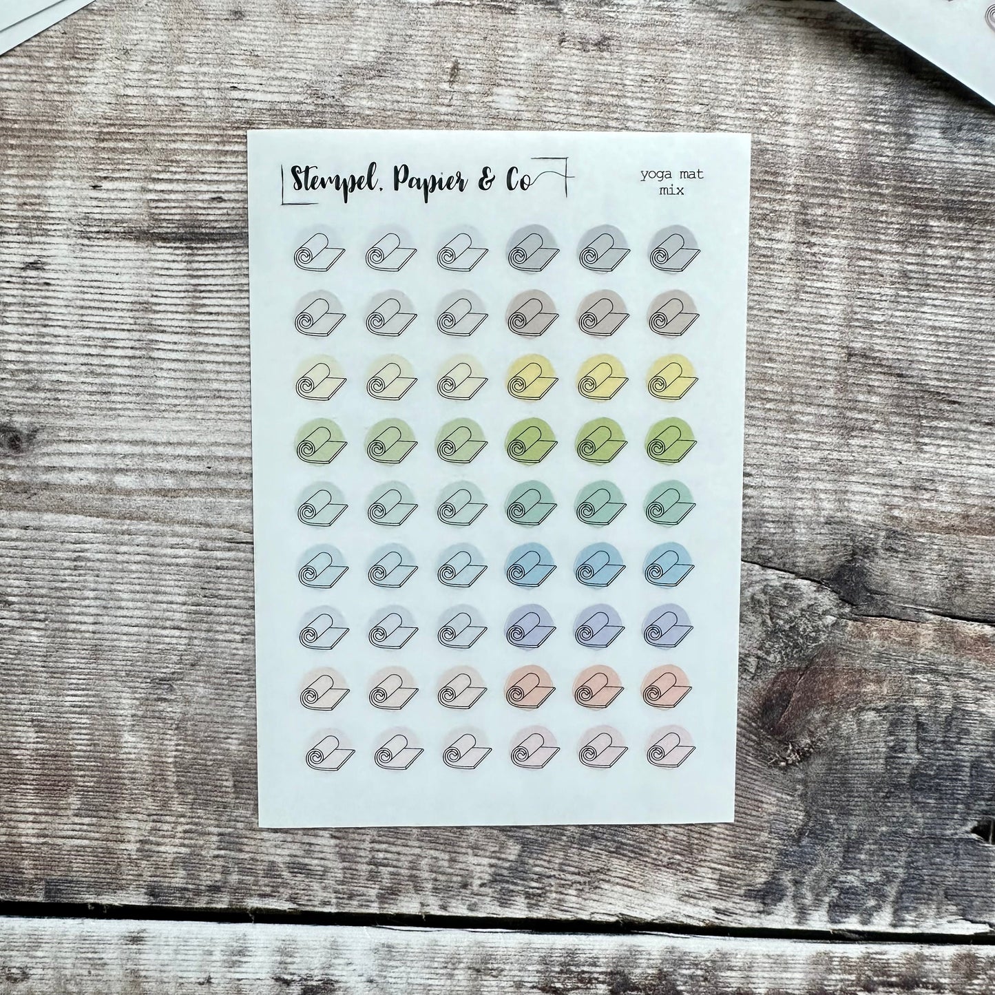 Stickerbogen Yoga, Yogamatte, einzeln ablösbare kreisrunde Sticker transparent matt für Bullet Journal, Planer und Kalender