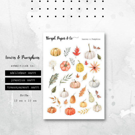 Stickerbogen Herbst mit Kürbissen und Blättern, einzeln ablösbare Sticker für Bullet Journal, Planer und Kalender im Aquarellstil