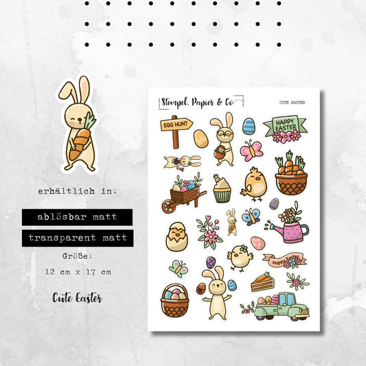 Stickerbogen mit süßer Osterdekoration mit Hasen & Co, einzeln ablösbare Sticker zum Dekorieren für Bullet Journal, Planer und Kalender