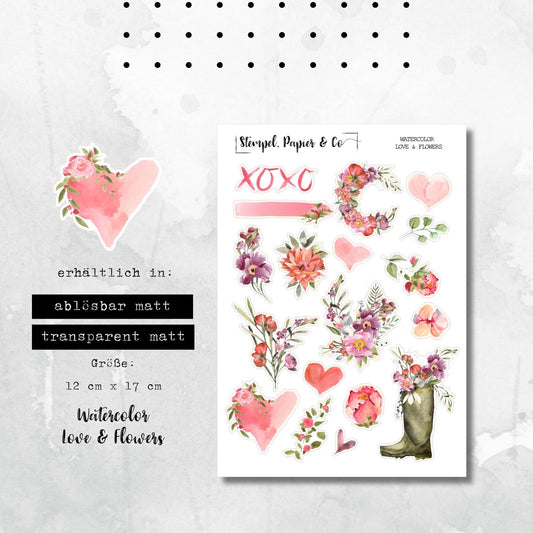 Stickerbogen mit Blumen und Herzen für Valentinstag oä, einzeln ablösbare Sticker zum Dekorieren für Bullet Journal, Planer, Kalender