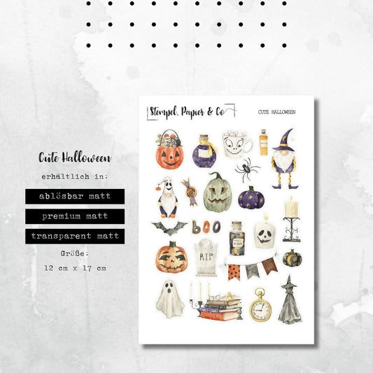 Stickerbogen mit süßen Halloween Motiven, einzeln ablösbare Sticker für Bullet Journal, Planer und Kalender