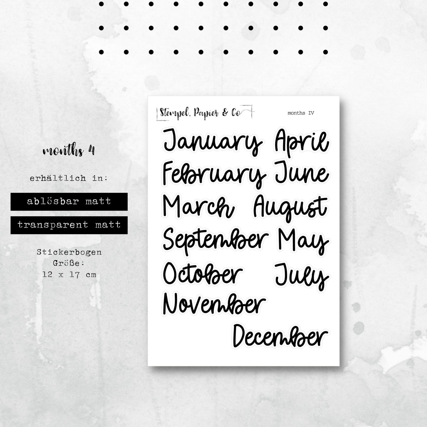 Stickerbogen Monate Januar bis Dezember in englisch, einzeln ablösbare Sticker in Schriftart IV für Bullet Journal, Planer und Kalender