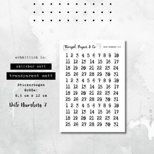 Stickerbogen Datumszahlen, einzeln ablösbare Sticker mit Zahlen für das Tagesdatum für Bullet Journal, Planer oder Kalender, Schriftart 7